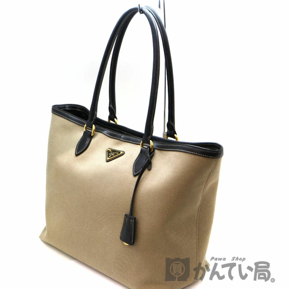 PRADA Tote Bag Beige Black Canvas Leather